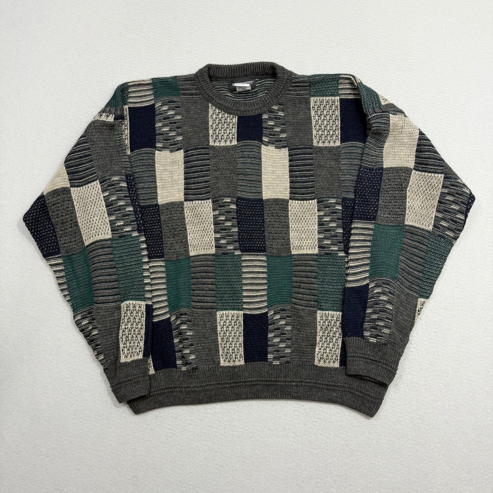 Vintage Expressions Sweater XL Gray Patchwork Crewneck Long Sleeve Acrylic Knit